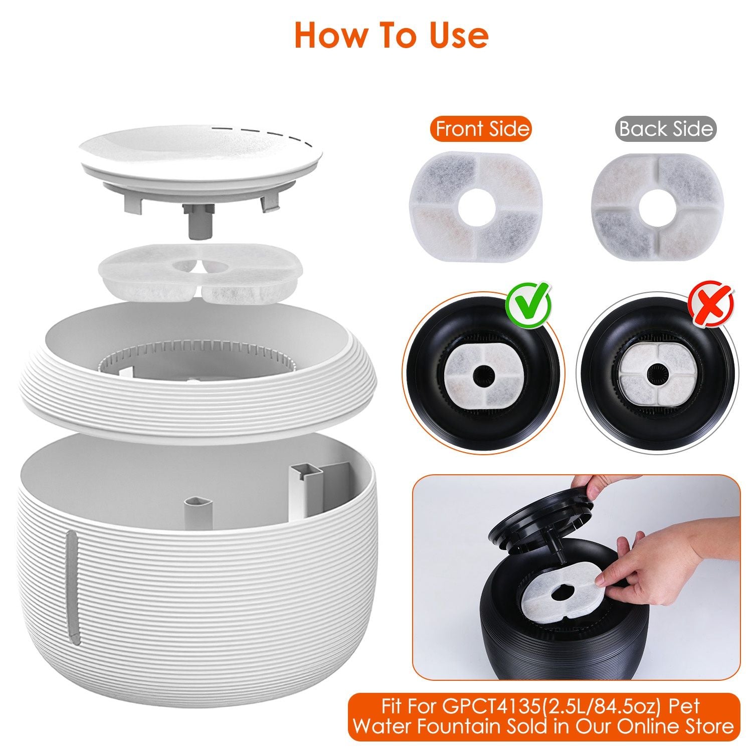 Instructional diagram showing how to properly assemble and use a white pet water fountain designed for models GPCT4135, featuring labeled parts, including the front and back sides of the filter.