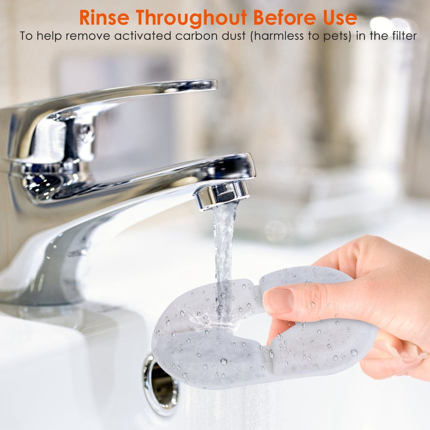 Hand rinsing a clear water filter under a shiny faucet to remove activated carbon dust, with a message highlighting the importance of rinsing before use.