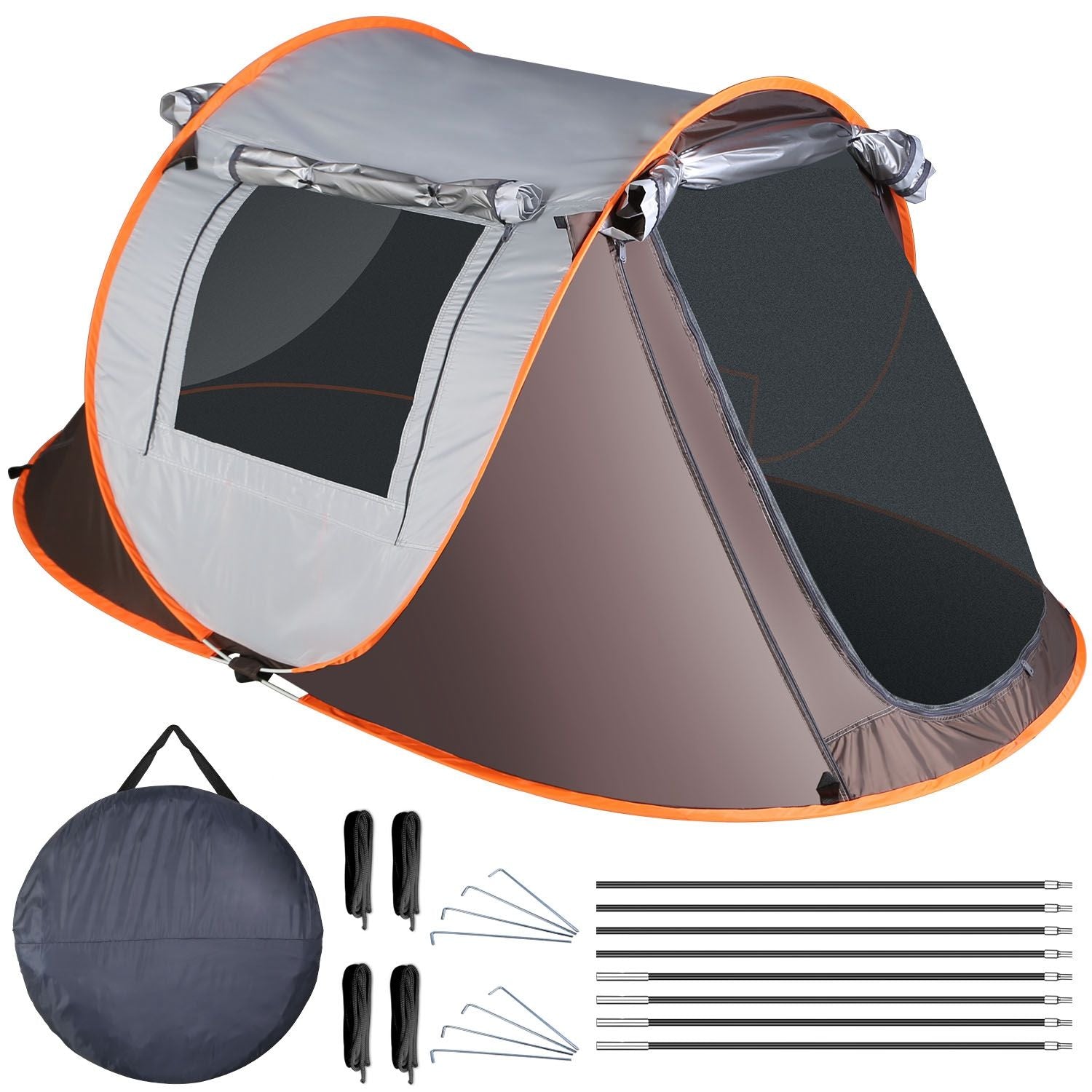 Portable pop-up camping tent with mesh windows, gray and orange design, accompanied by tent pegs, ropes, and a carrying bag.