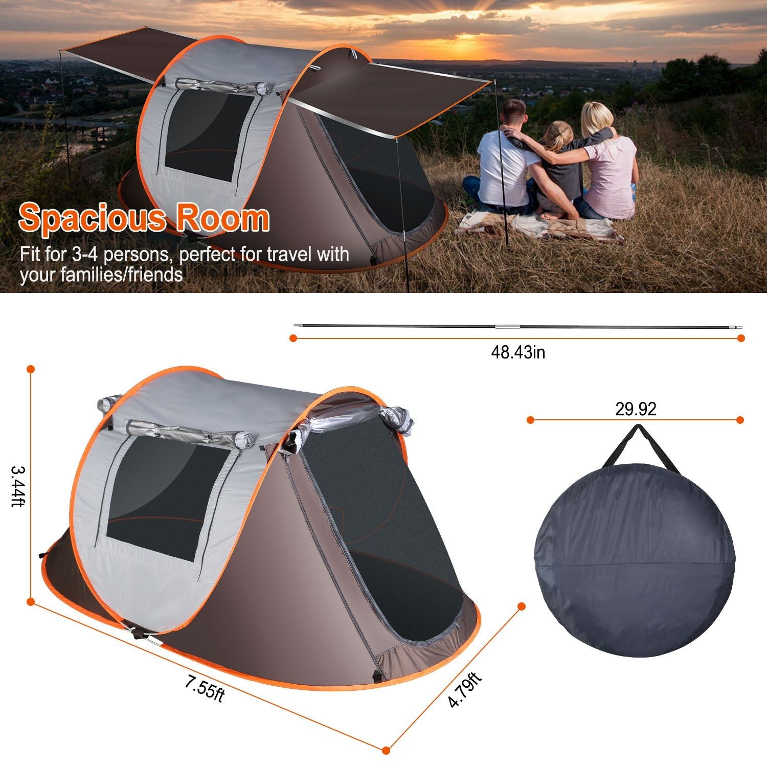Spacious 3-4 person outdoor camping tent with sunshade, dimensions and carrying bag shown, ideal for family or friend adventures.