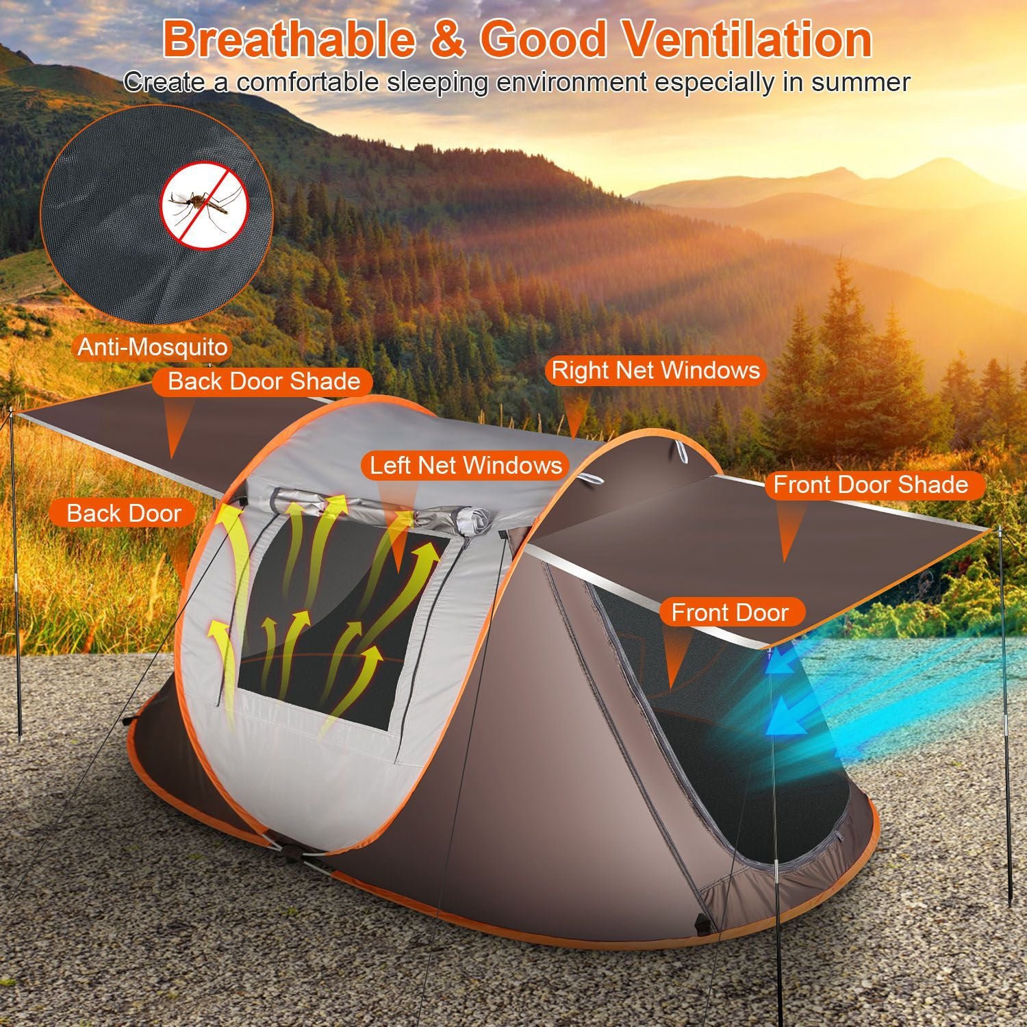 Image of a breathable, ventilated camping tent equipped with anti-mosquito features, showcasing multiple doors and net windows for improved airflow, perfect for summer outdoor adventures.