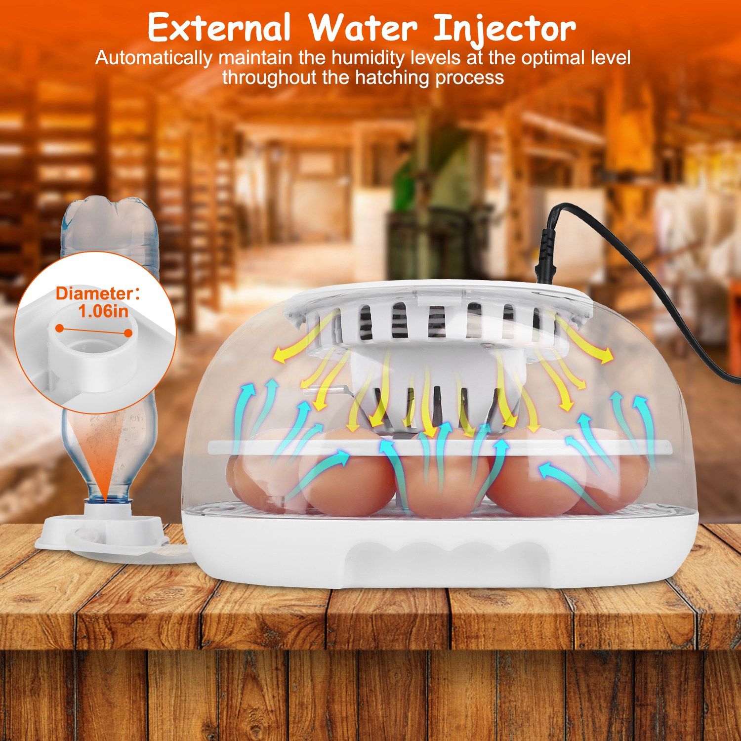 Automatic egg incubator with external water injector for optimal humidity levels during hatching, featuring a transparent design and visible eggs on a wooden surface.