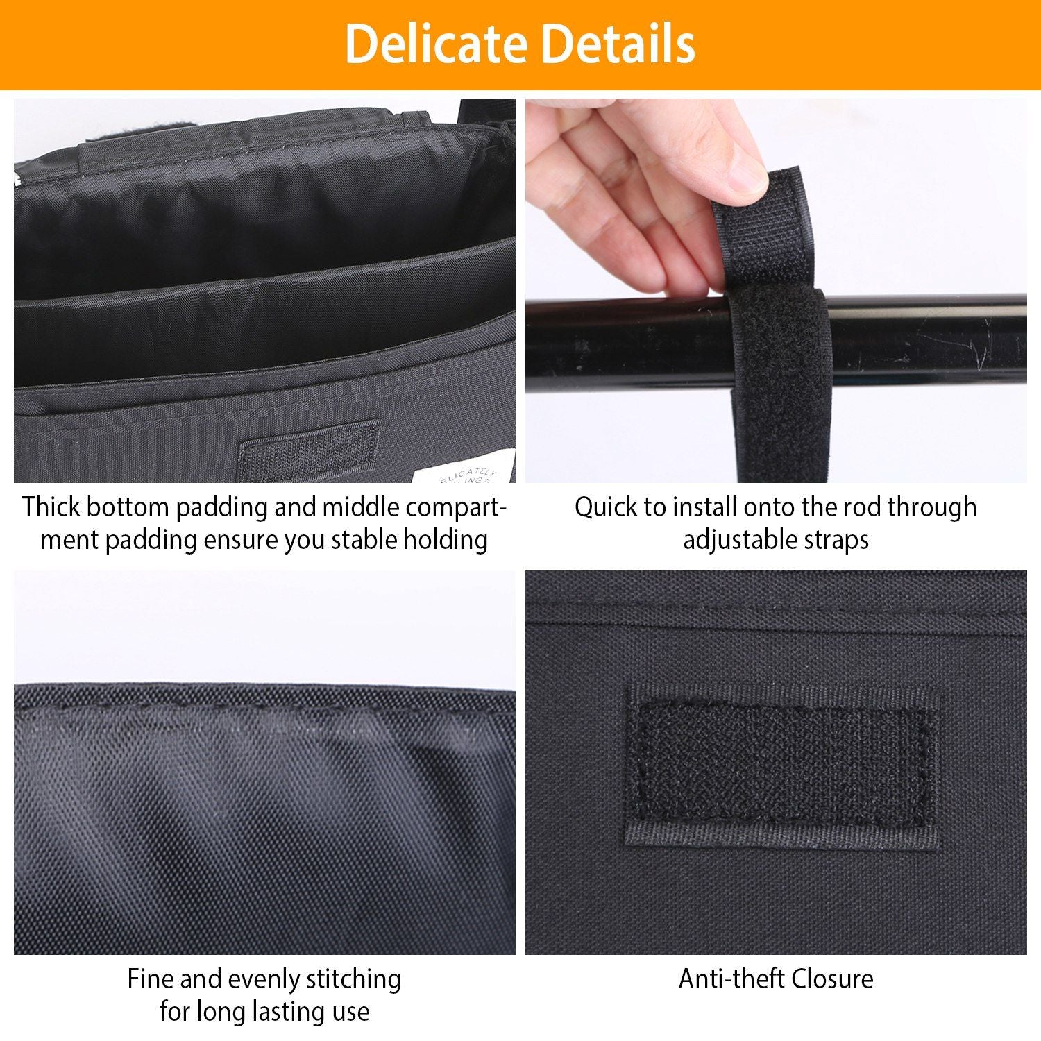 Detailed view of a black bag showcasing thick padding for stability, adjustable straps for easy installation, fine stitching for durability, and an anti-theft closure feature.