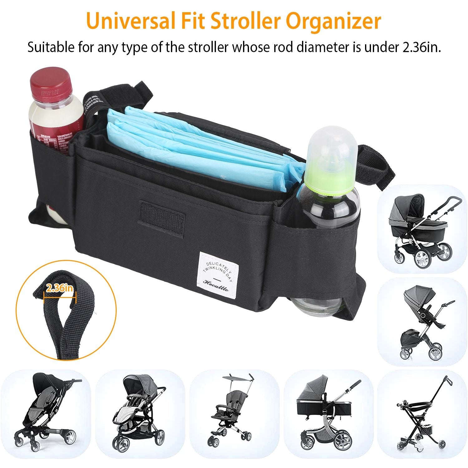 Universal fit stroller organizer featuring pockets for bottles and baby essentials, designed for strollers with a rod diameter under 2.36 inches.