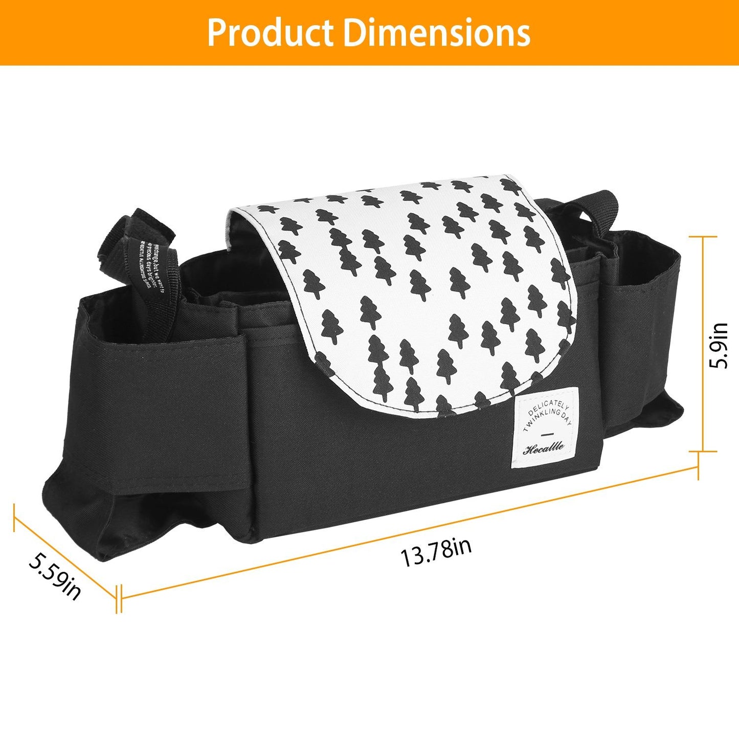 Multifunctional black organizer bag with a white patterned flap, measuring 13.78 inches by 5.9 inches, perfect for storing and managing accessories.