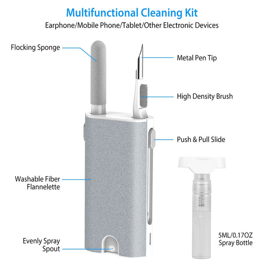 Multifunctional cleaning kit for electronic devices featuring a flocking sponge, metal pen tip, high-density brush, washable fiber flannelette, and spray bottle.