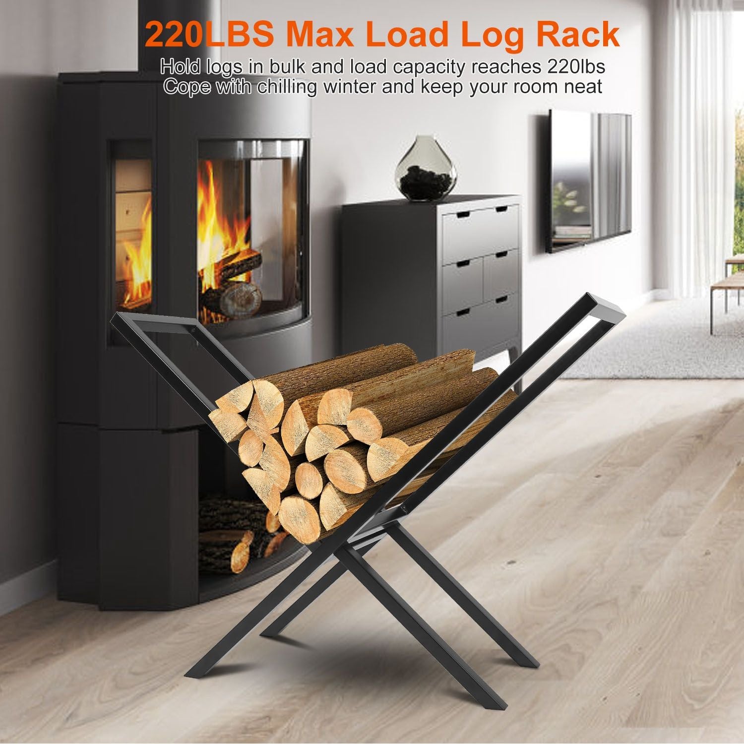 Stylish black log rack holding firewood, supporting up to 220 lbs, set in a cozy living room with a modern fireplace.