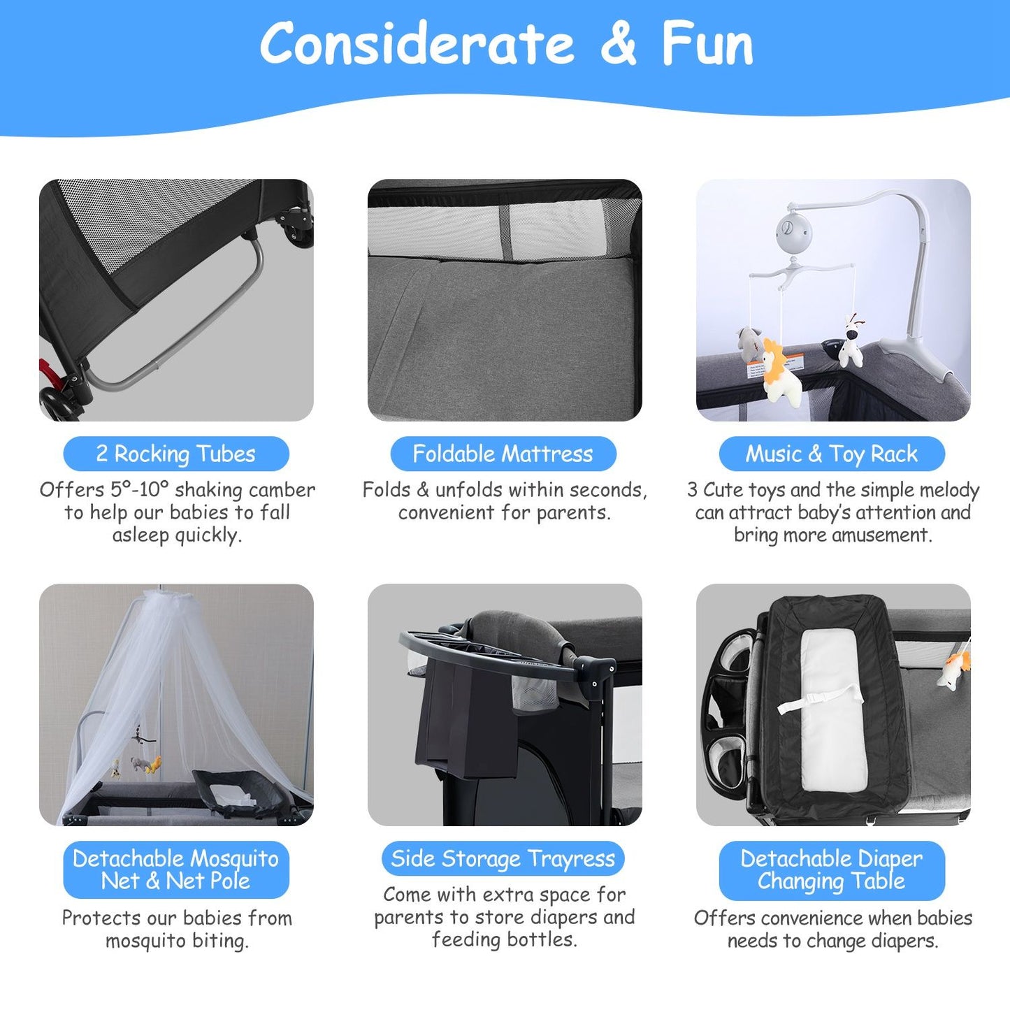Collapsible baby playpen features rocking tubes, foldable mattress, music toy rack, detachable mosquito net, side storage tray, and changing table for convenience and comfort.