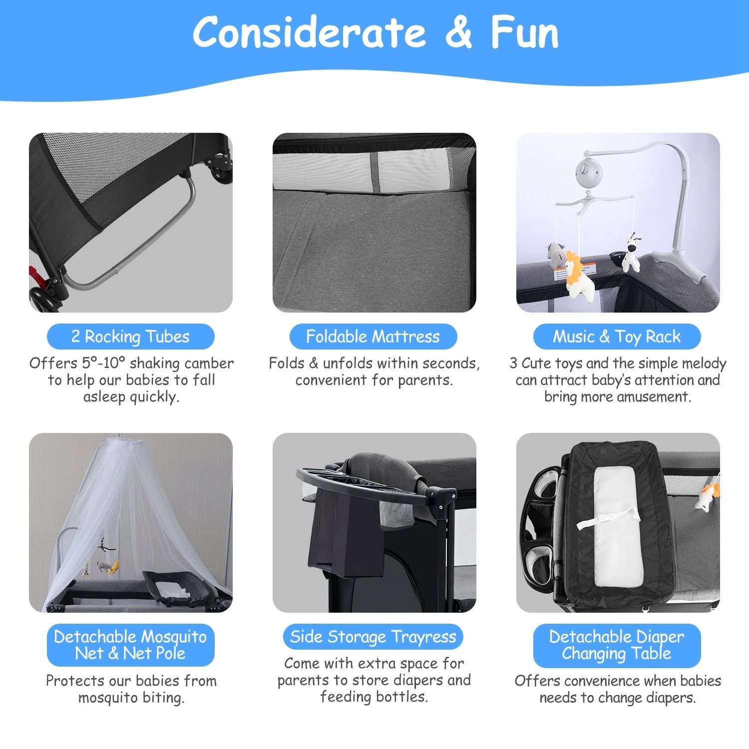 Collapsible baby playpen features rocking tubes, foldable mattress, music toy rack, detachable mosquito net, side storage tray, and changing table for convenience and comfort.