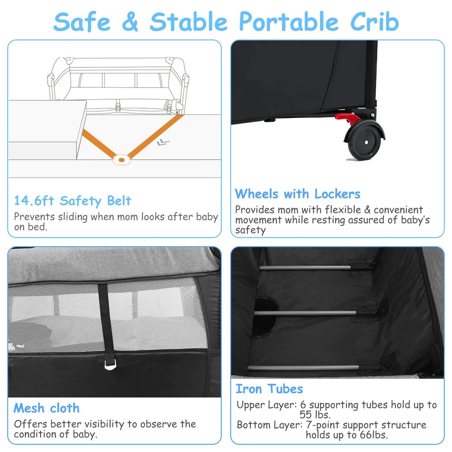 Portable crib features a 14.6ft safety belt, locking wheels, breathable mesh cloth for visibility, and durable iron support tubes, ensuring safety and stability for infants.