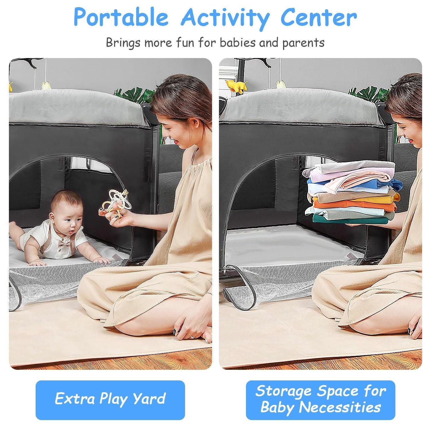 Portable Activity Center designed for babies and parents, featuring an extra play yard on the left and storage space for baby necessities on the right, showcasing a child and a caregiver engaging happily.