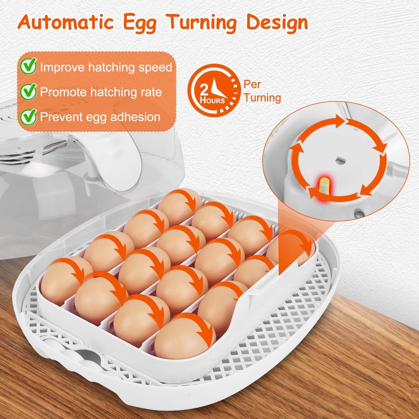 Automatic egg turning incubator tray design with 15 eggs, featuring arrows indicating movement, and icons highlighting benefits like improved hatching speed and rates, all on a wooden surface.