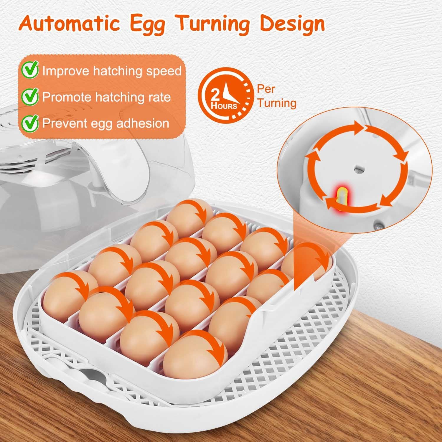 Automatic egg turning incubator tray design with 15 eggs, featuring arrows indicating movement, and icons highlighting benefits like improved hatching speed and rates, all on a wooden surface.