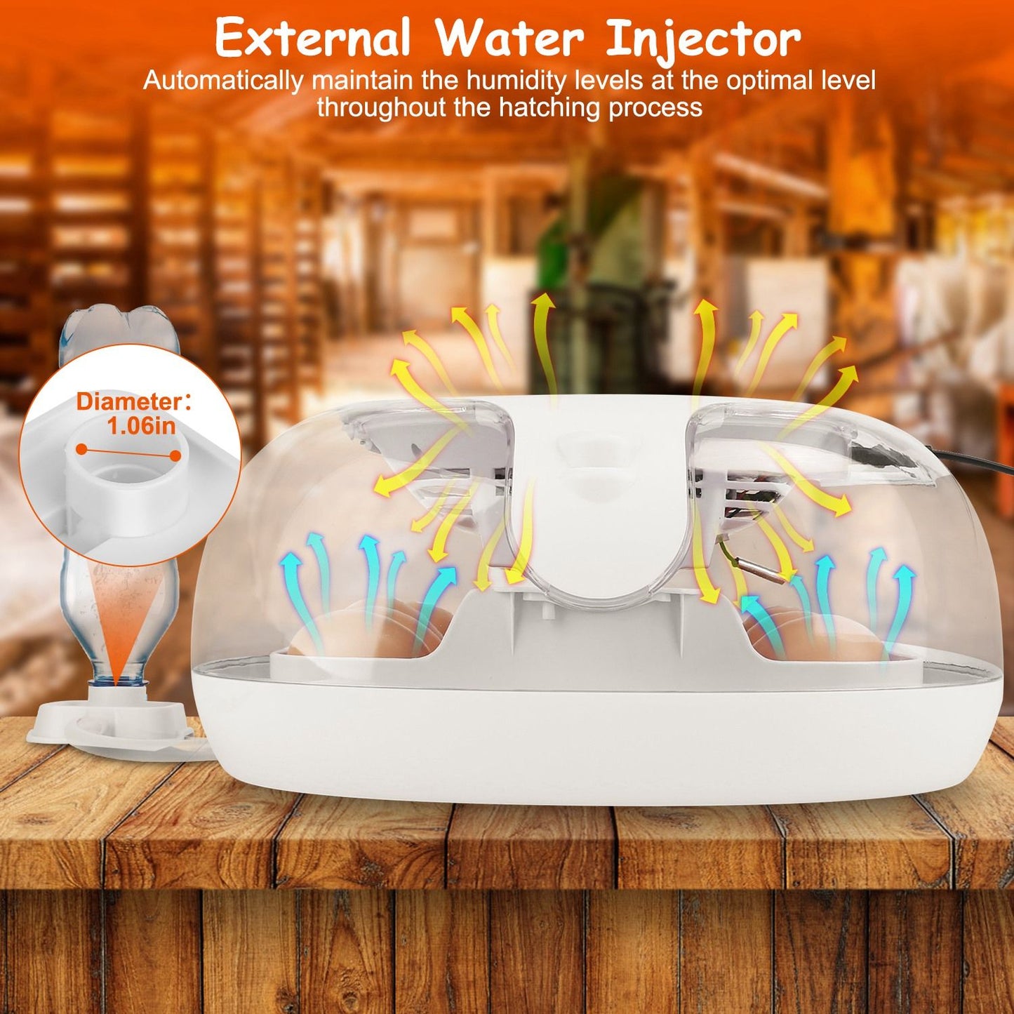 Image of an external water injector designed for incubators, featuring arrows indicating airflow and humidity control mechanisms, with a side view of the injector demonstrating its 1.06-inch diameter for optimal hatching conditions.