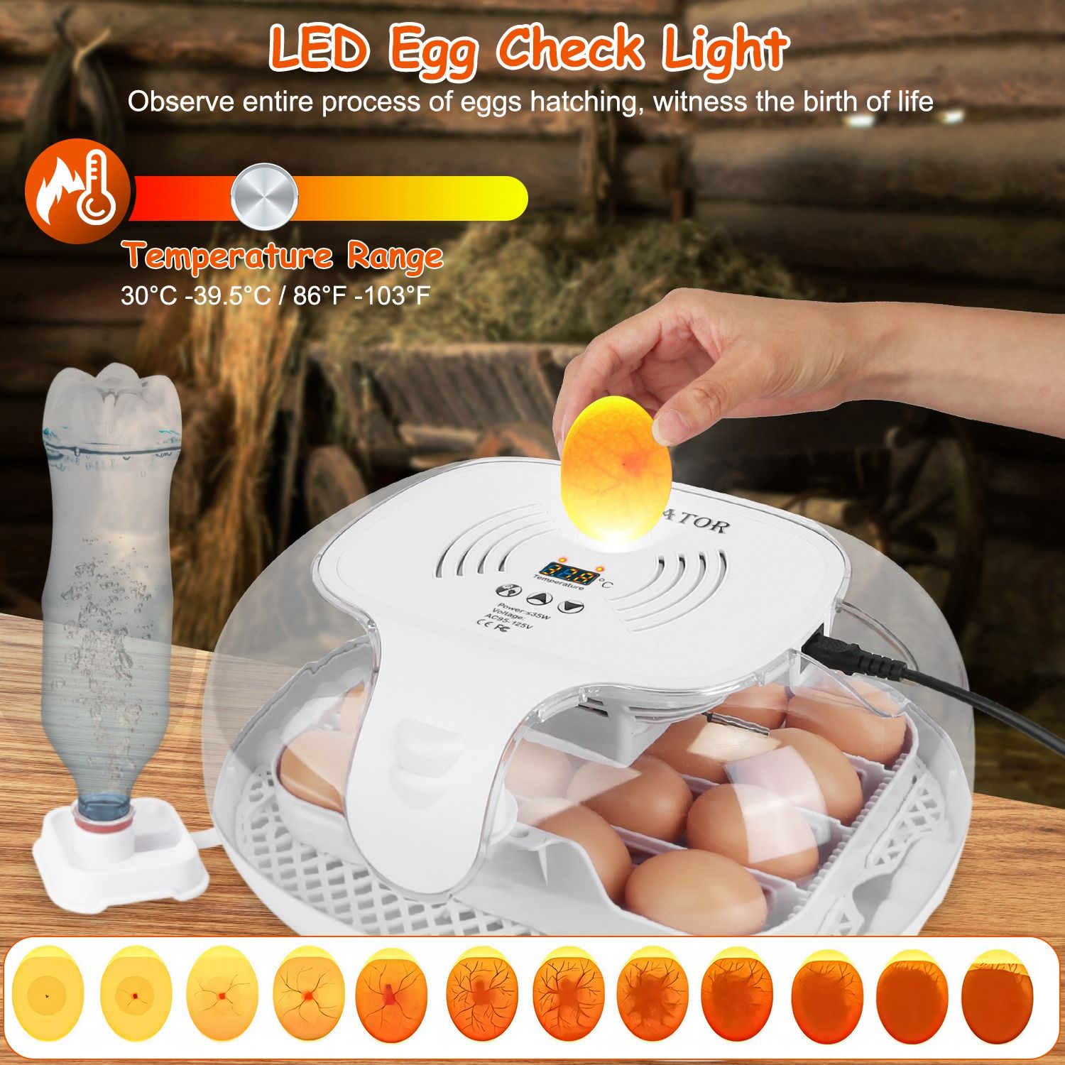 LED egg candling device in use, displaying the egg's embryo development while highlighting the temperature range of 30°C to 39.5°C (86°F to 103°F), with a water bottle for humidity and multiple egg observation results below.