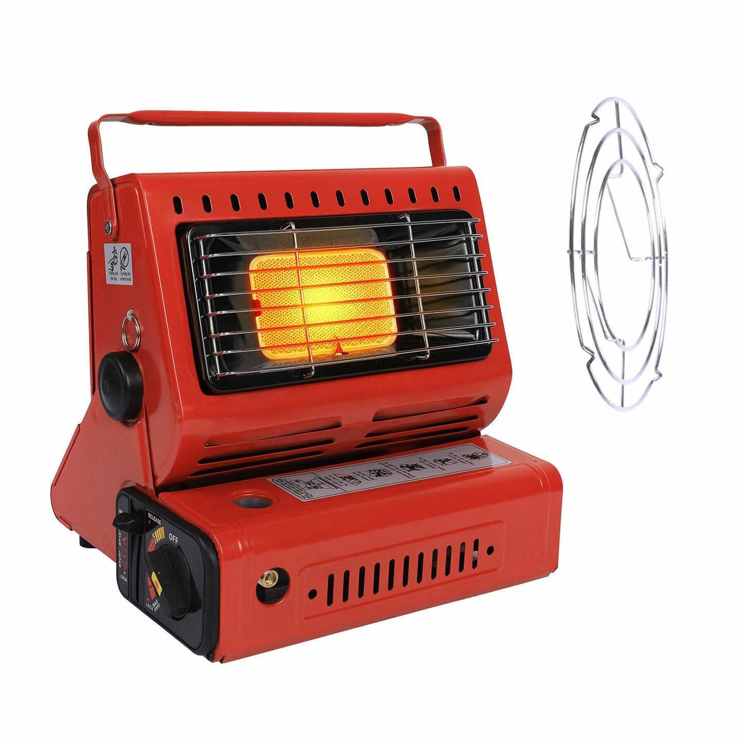 Portable gas heater in vibrant red, featuring a glowing heating element behind a protective grill, with a removable safety guard displayed alongside for added safety and convenience.