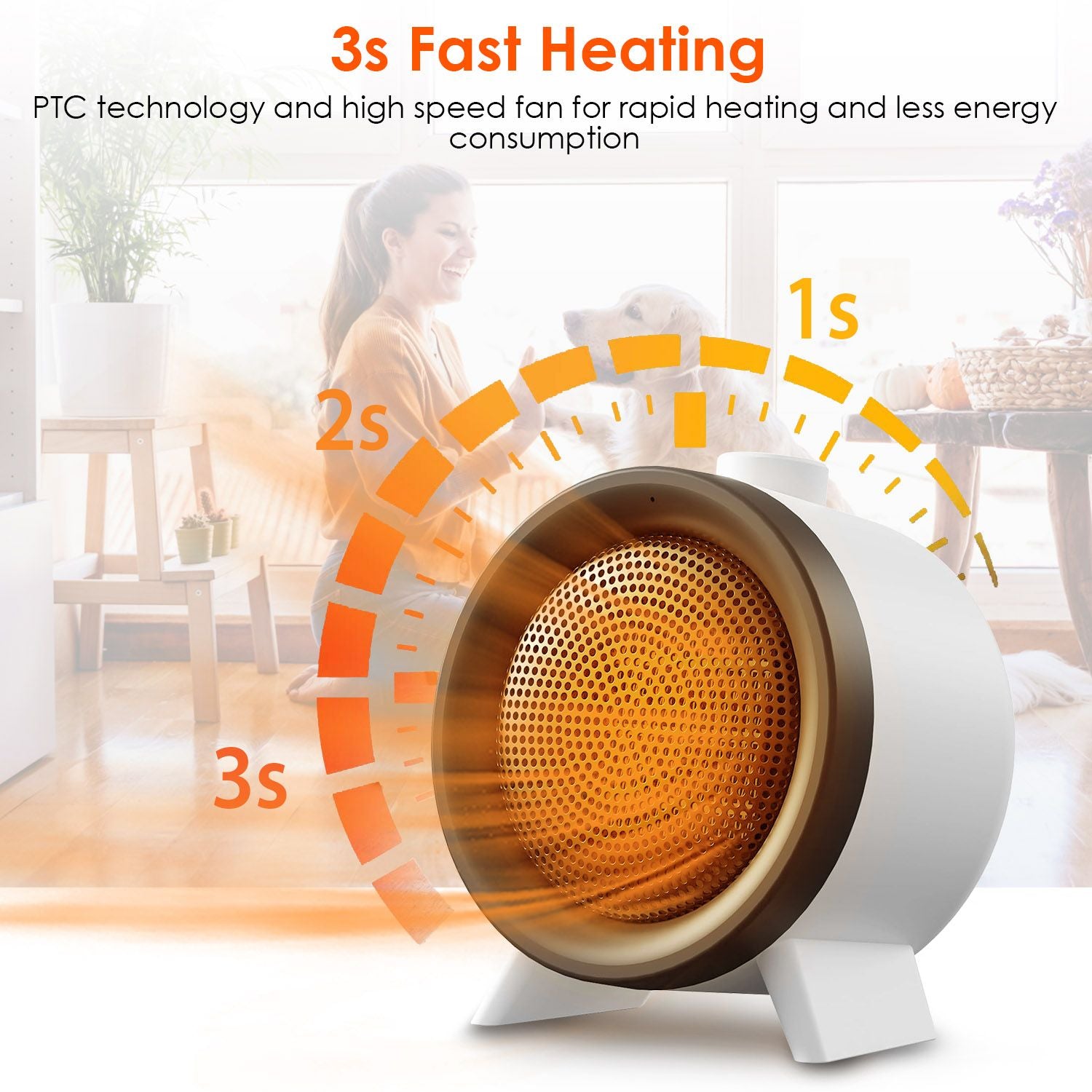 3s fast heating electric heater with PTC technology and high-speed fan, designed for efficient rapid heating and low energy consumption, set in a cozy living room environment.