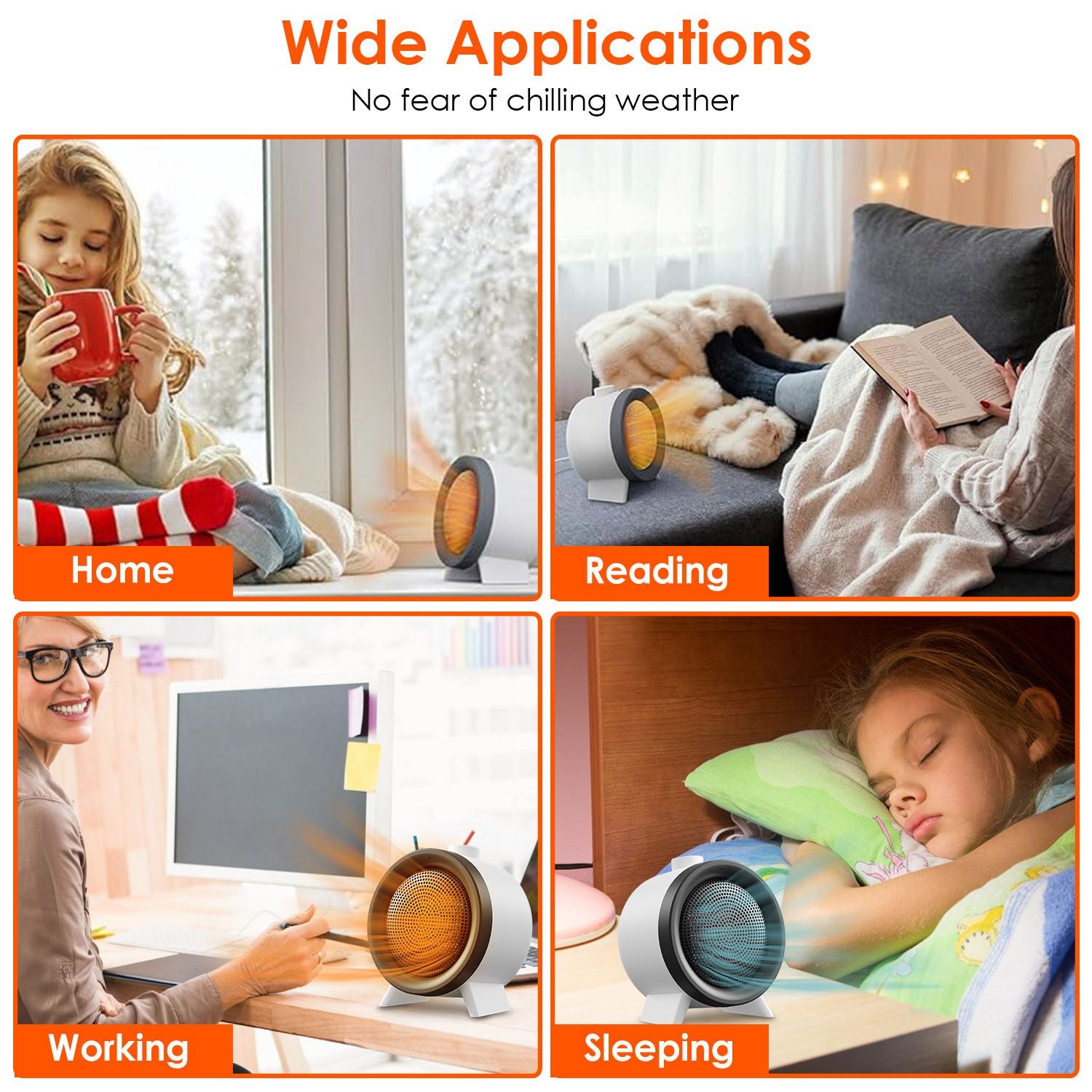 Compact portable heater in diverse settings: home, reading nook, office workspace, and bedroom, showcasing its versatility for comfort in any environment.