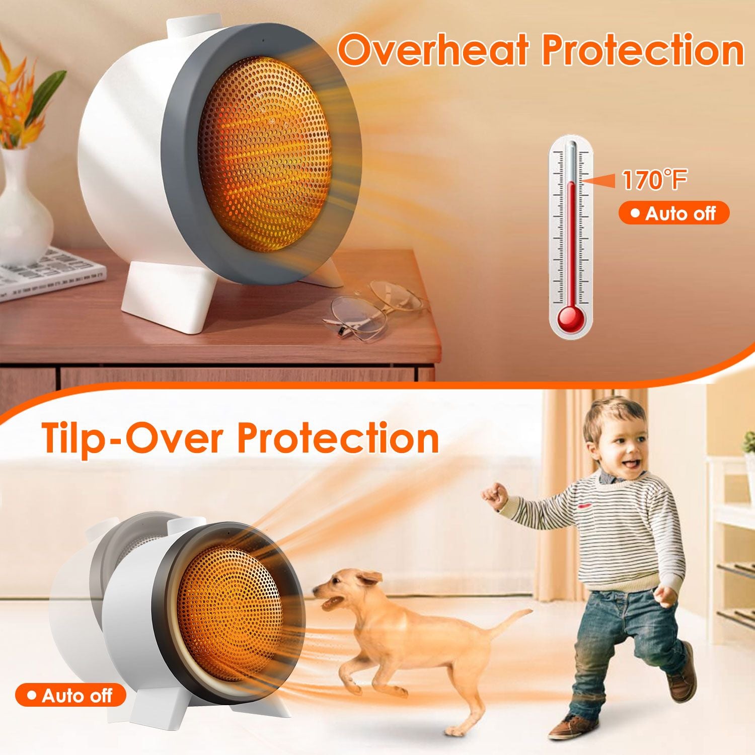 Compact space heater with overheat protection and tip-over safety features, suitable for homes with children and pets.