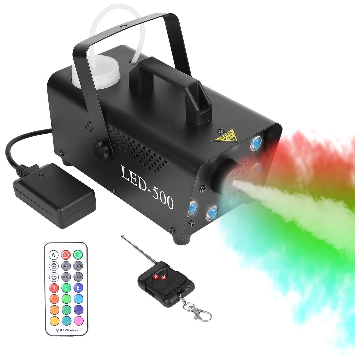 LED-500 fog machine with colorful smoke effect and remote control, ideal for parties and events.