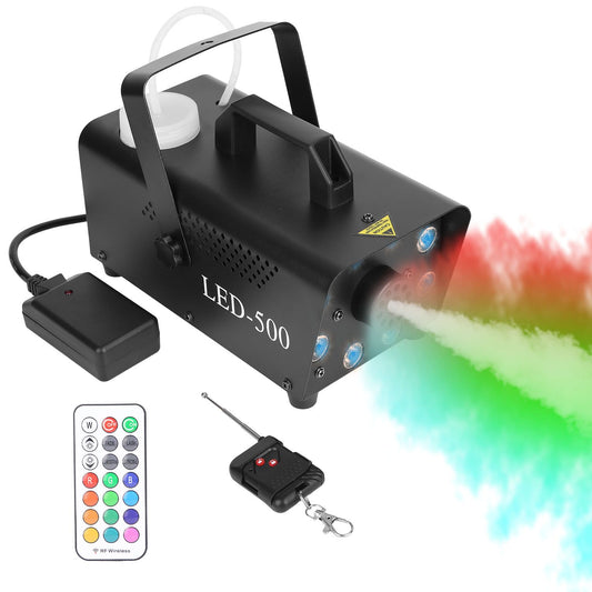 LED-500 fog machine with colorful smoke effect and remote control, ideal for parties and events.