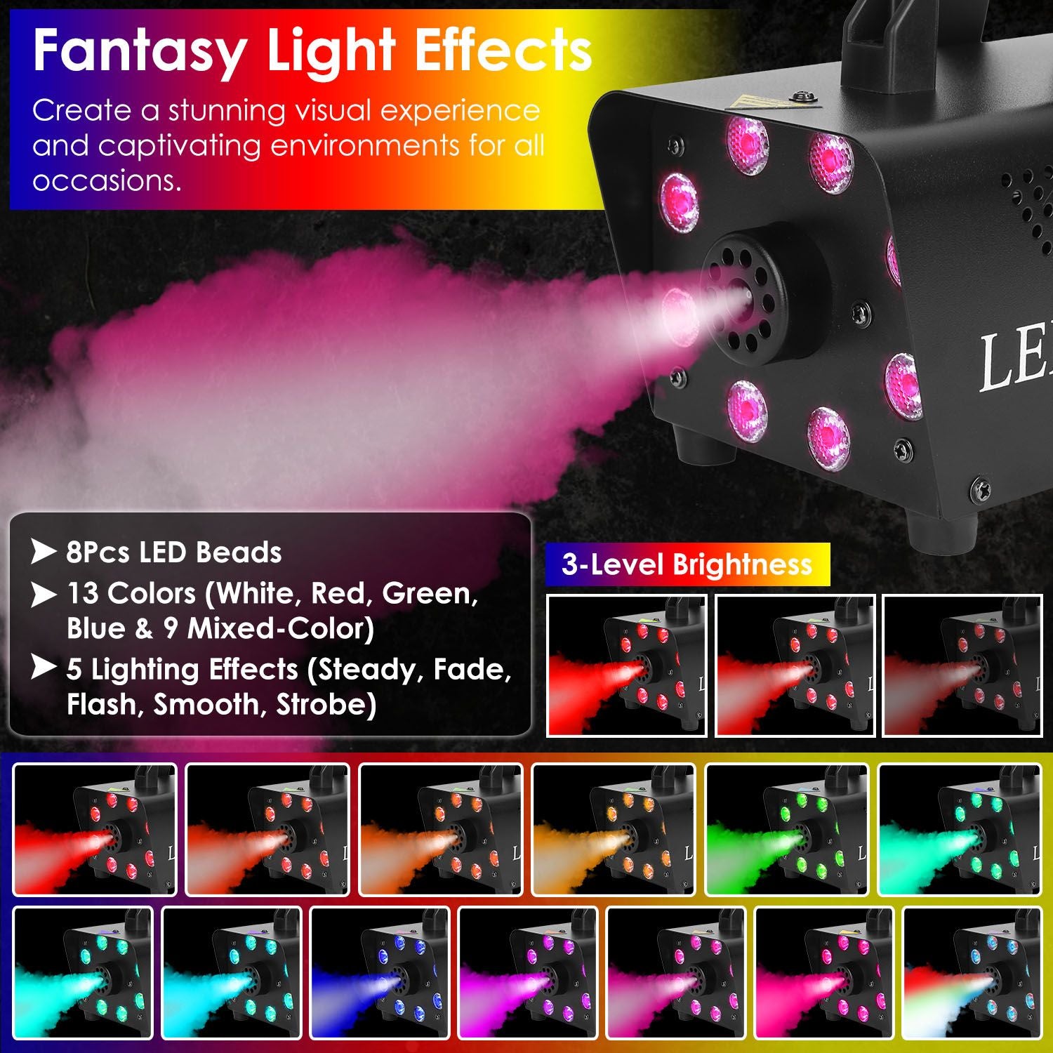 Colorful LED fog machine with 8 light beads showcasing 13 vibrant colors and 5 lighting effects, perfect for creating immersive party atmospheres.