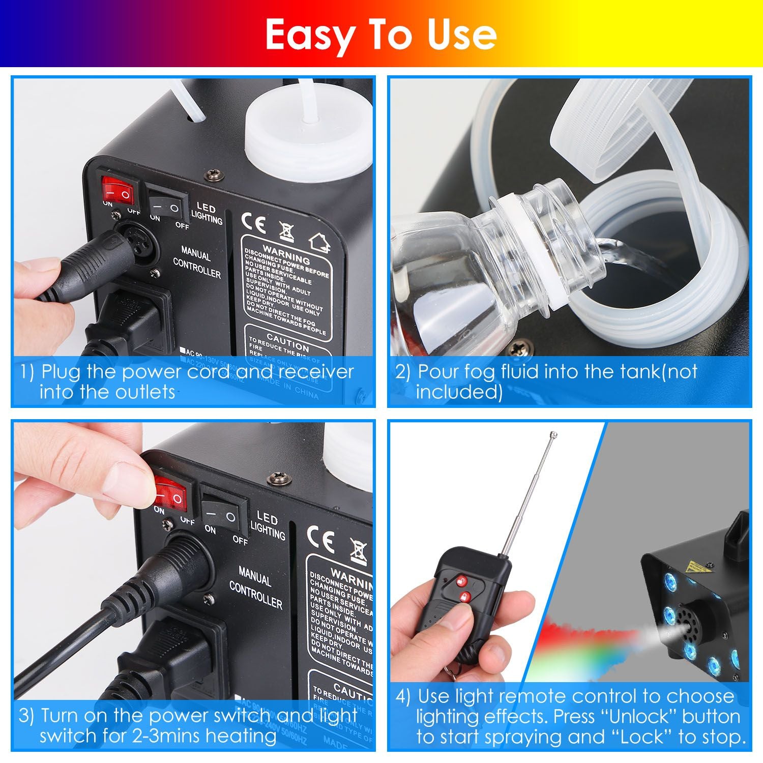 Easy-to-use fog machine setup instructions, showing four steps: connecting power, adding fog fluid, turning on the power, and using remote control for lighting effects.