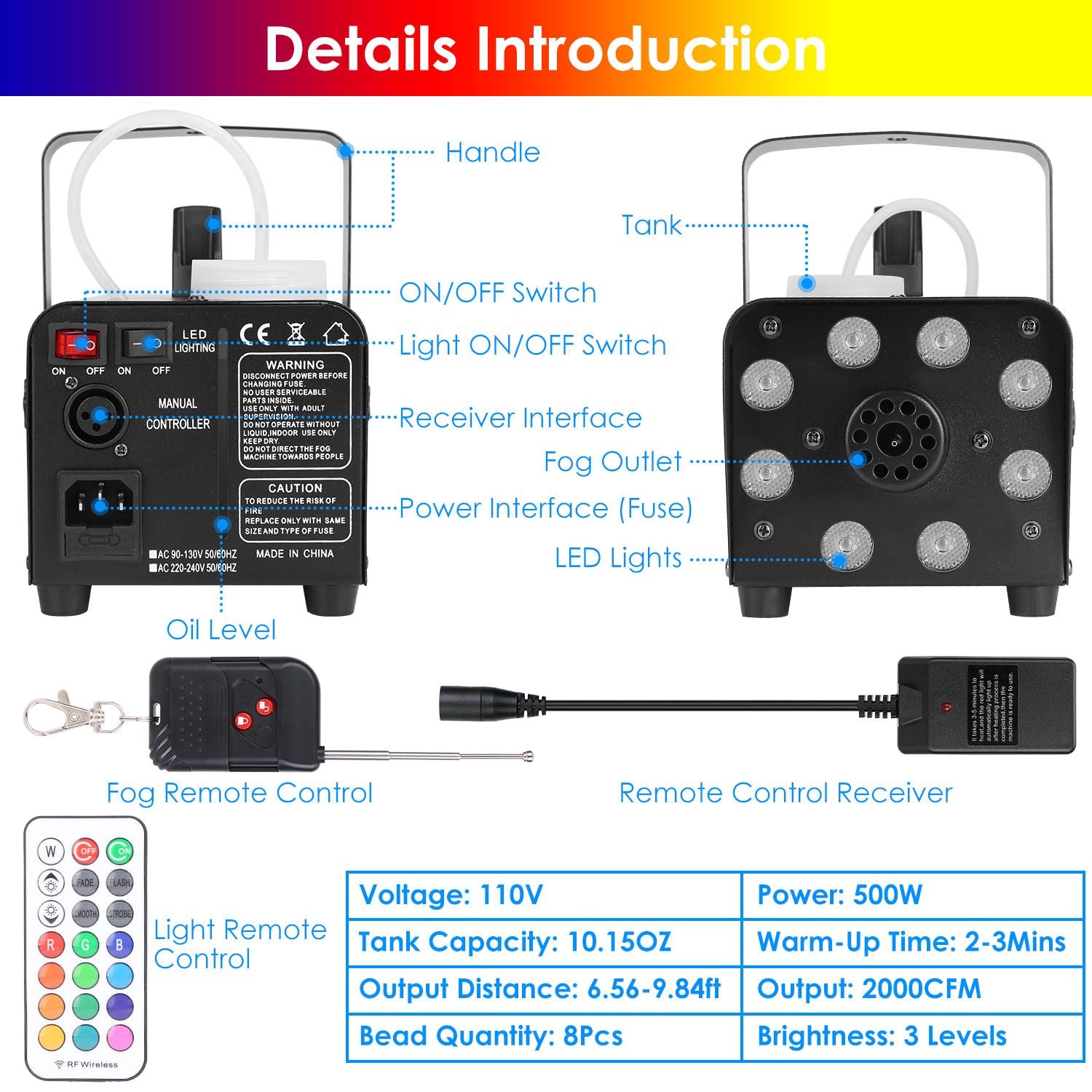 Back view of a professional fog machine with remote control, showing LED lights, fog outlet, and various control interfaces, designed for event lighting and effects.