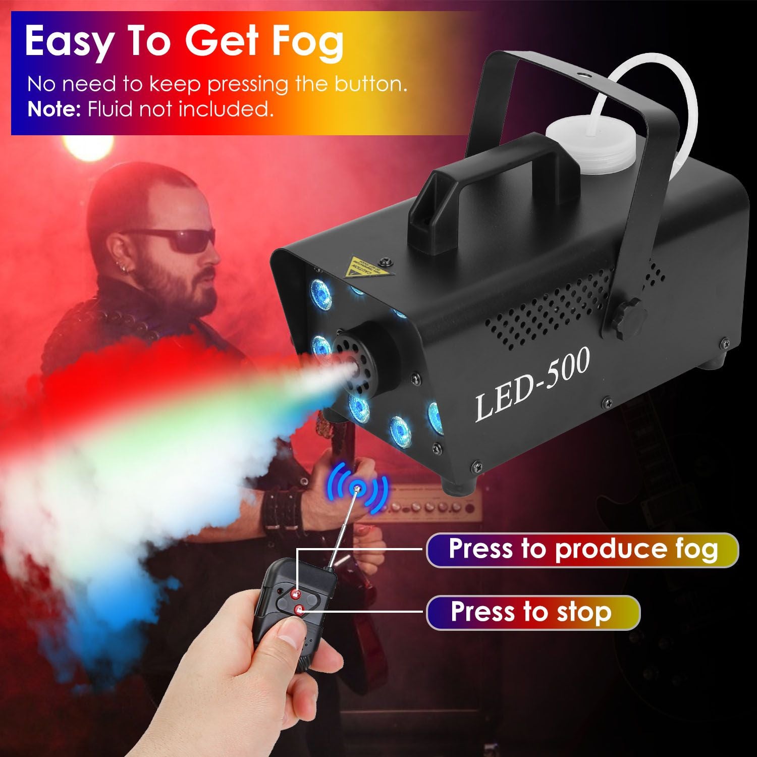 LED-500 fog machine with remote control, producing colorful fog for events and performances, featuring a sleek design and easy operation.