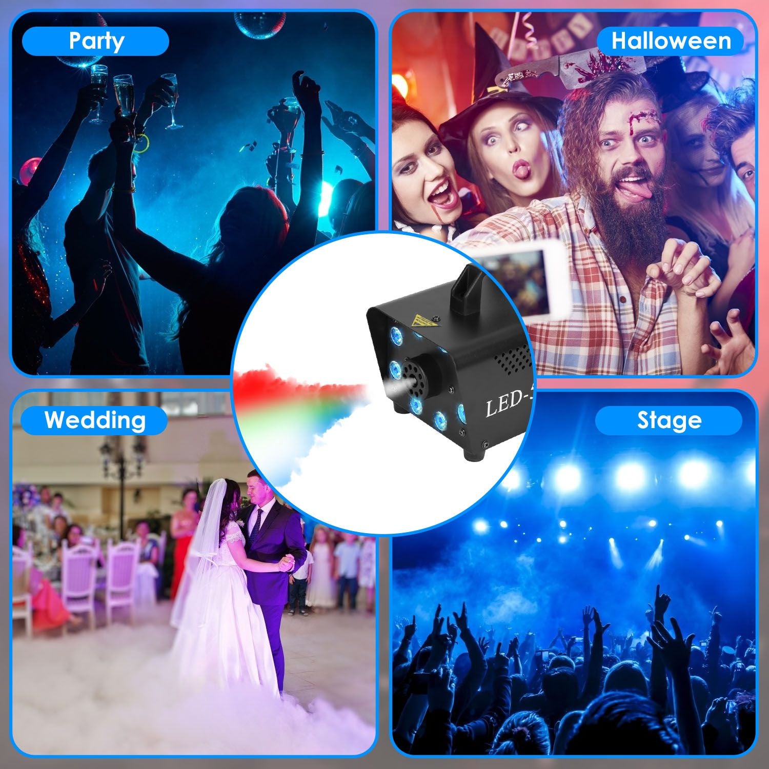 LED smoke machine with colorful fog, ideal for parties, weddings, Halloween, and stage performances, surrounded by vibrant celebration scenes.