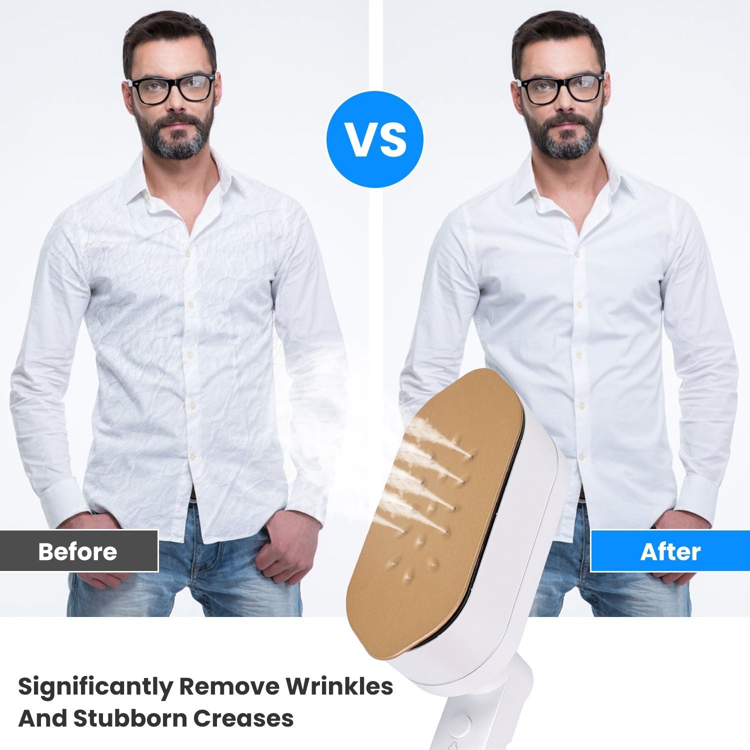 Before and after comparison of a wrinkle-removing device showing a visibly wrinkled shirt on the left and a smooth, crease-free shirt on the right, highlighting the effectiveness of the product.