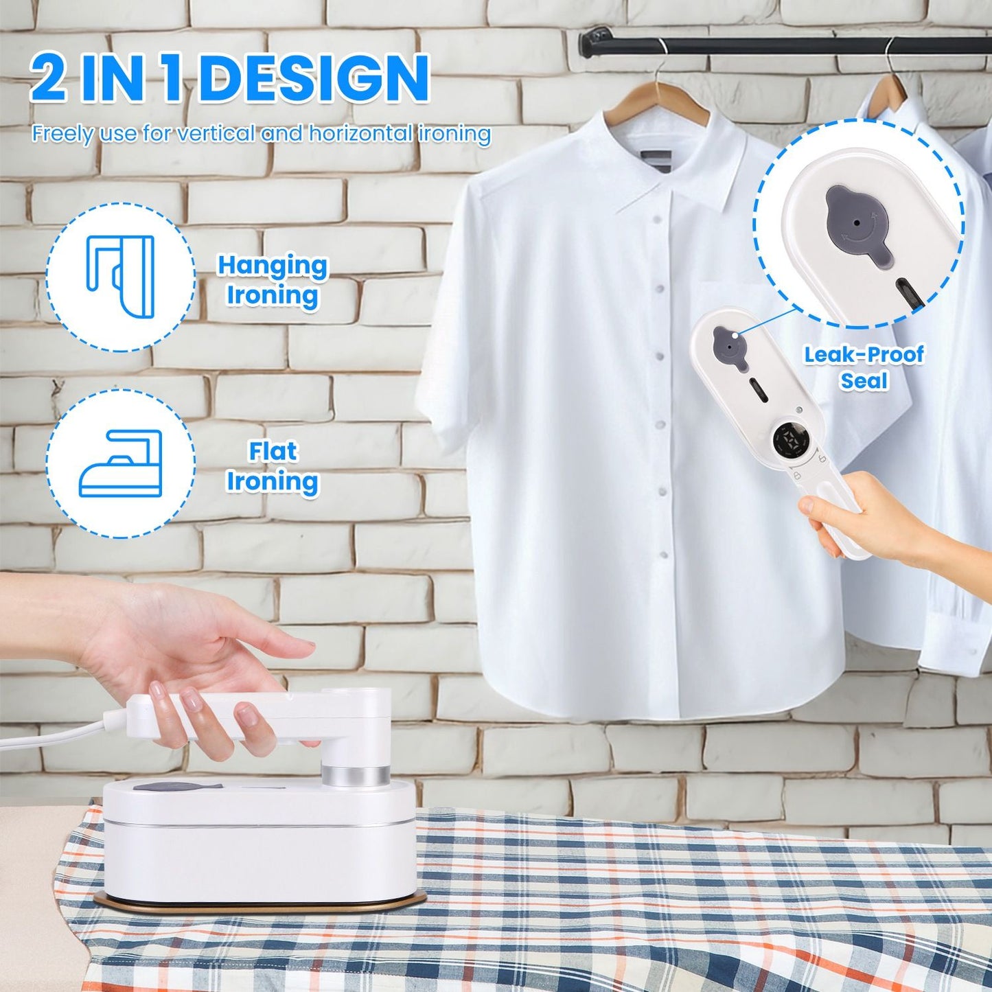 Compact 2-in-1 steam iron for flat and vertical ironing, featuring a leak-proof seal, showcased with a white shirt hanging on a wall and a plaid fabric on a flat surface.