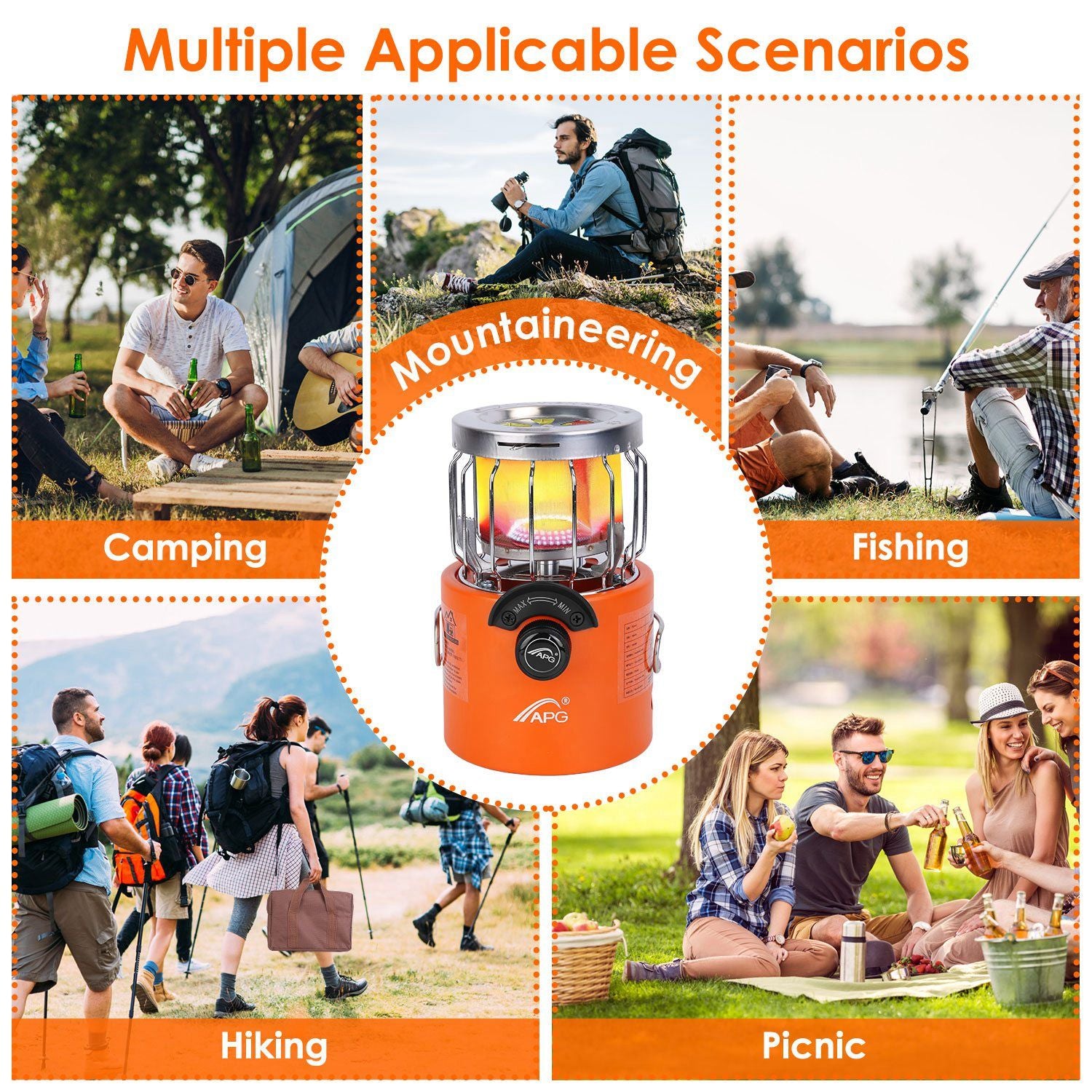 Orange camping lantern showcasing multiple outdoor activities, including camping, mountaineering, fishing, hiking, and picnics, highlighting its versatility for adventurers.