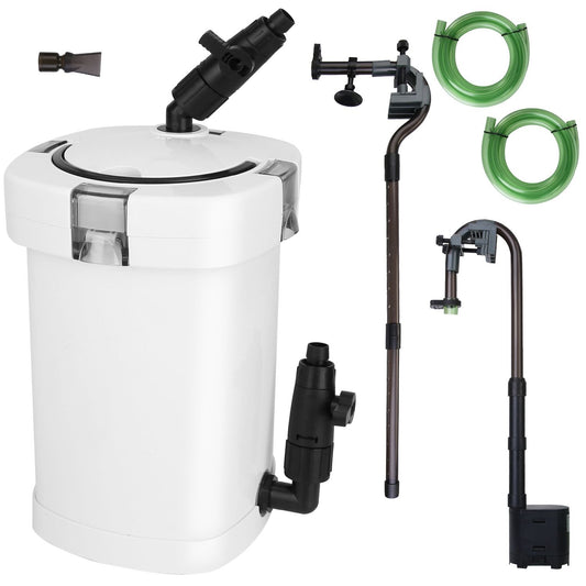 Aquarium canister filter kit featuring a white filter unit, adjustable output nozzle, two green hoses, and a sleek brown stand for optimal water circulation and clarity.