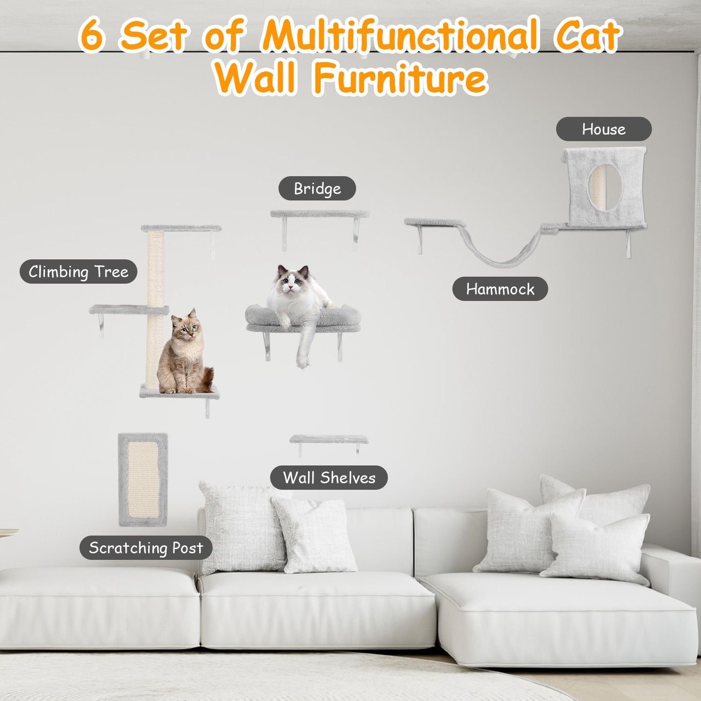 Multifunctional cat wall furniture set featuring a climbing tree, bridge, hammock, house, wall shelves, and scratching post, with two cats resting on the shelves in a modern living room.