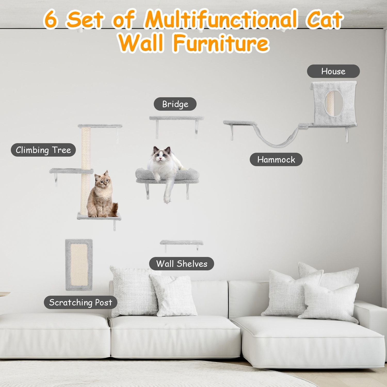 Multifunctional cat wall furniture set featuring a climbing tree, bridge, hammock, house, wall shelves, and scratching post, with two cats resting on the shelves in a modern living room.