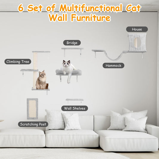 Multifunctional cat wall furniture set featuring a climbing tree, bridge, hammock, house, wall shelves, and scratching post, with two cats resting on the shelves in a modern living room.