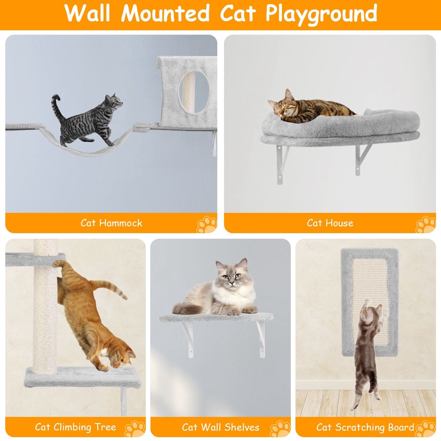 Wall-mounted cat playground featuring a cat hammock, cat house, cat climbing tree, cat wall shelves, and cat scratching board, all designed for feline play and rest.