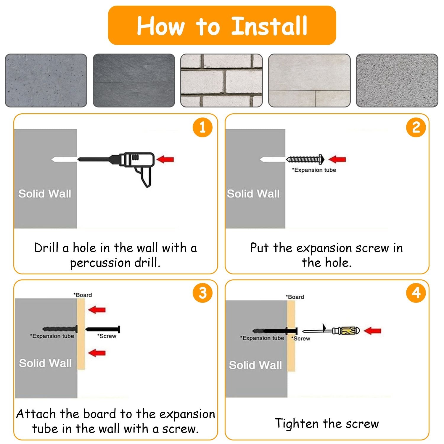 Step-by-step installation guide for mounting a board on a solid wall, featuring a percussion drill, expansion screw, expansion tube, and screw tightening process.