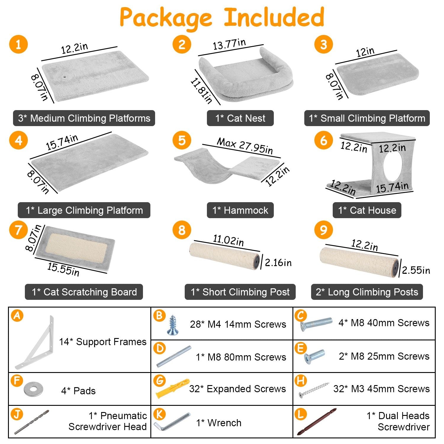 Product image showing included components of a cat furniture set, featuring climbing platforms, a cat house, a hammock, and scratching board with detailed dimensions and quantities listed for each item.
