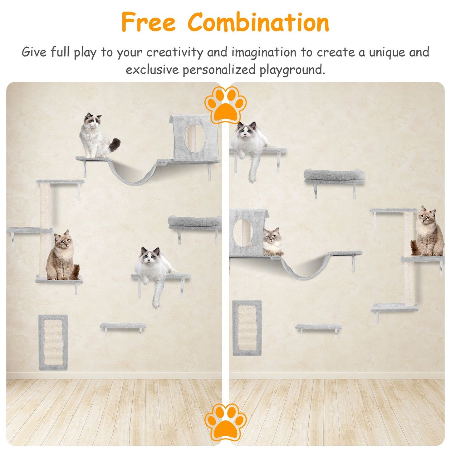Image of a customizable cat playground featuring multiple shelves and perches, showcasing playful cats resting on various levels, designed for interactive pet play and creativity.