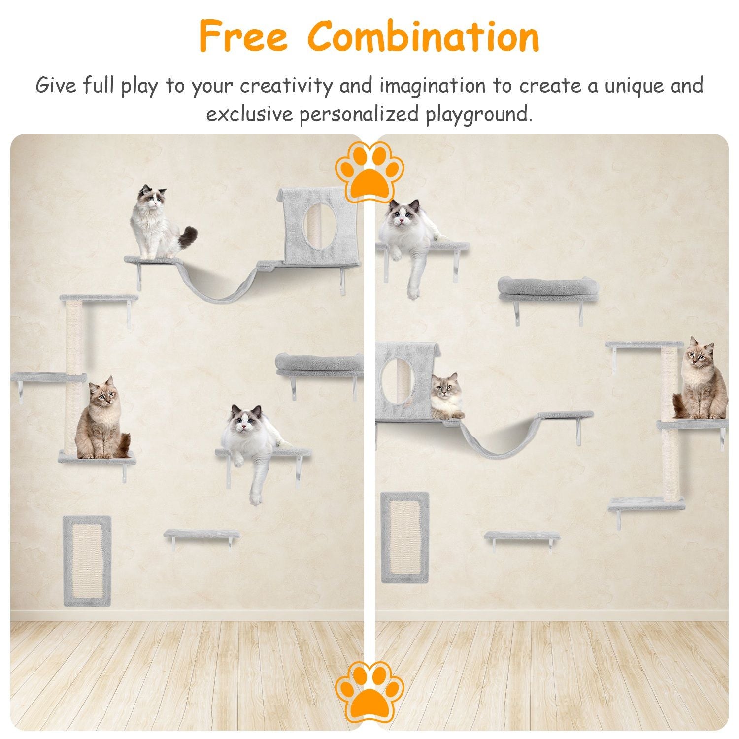 Image of a customizable cat playground featuring multiple shelves and perches, showcasing playful cats resting on various levels, designed for interactive pet play and creativity.