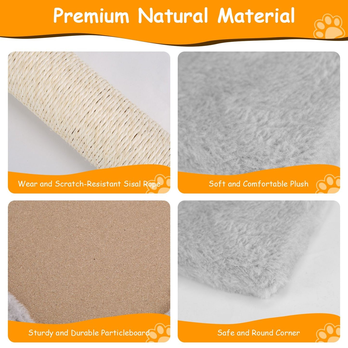 Close-up images of premium natural materials used in pet products, featuring wear-resistant sisal rope, soft plush fabric, sturdy particleboard, and rounded corners for safety.