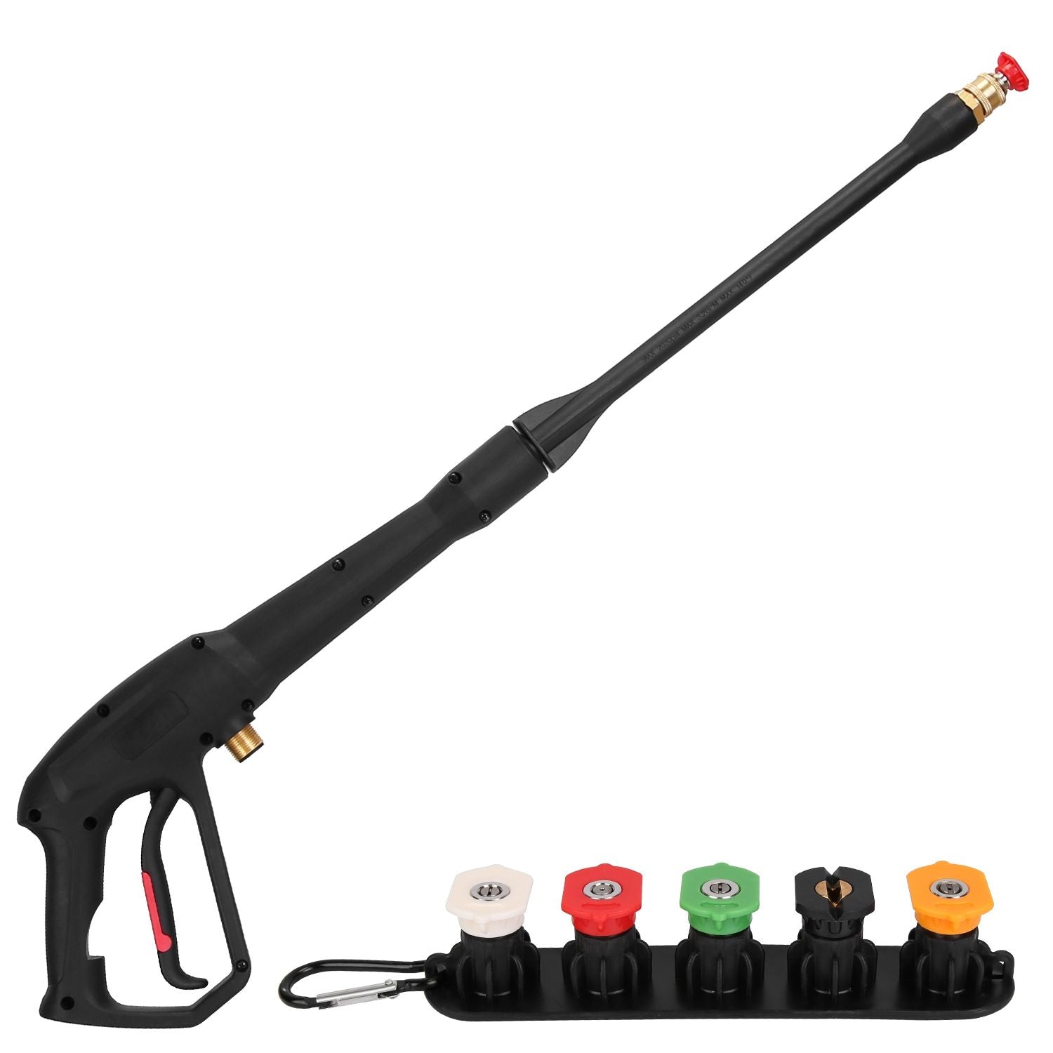 High-pressure washer spray gun with adjustable nozzle tips in five colors for versatile cleaning tasks, showcasing a sleek black handle and a long extension wand.