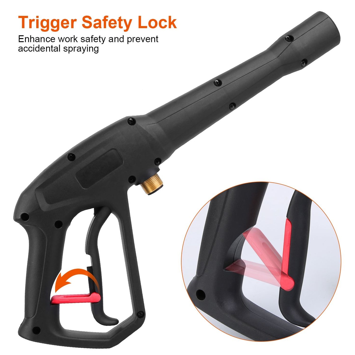 Black pressure washer gun with a trigger safety lock feature highlighted, designed to enhance work safety and prevent accidental spraying.