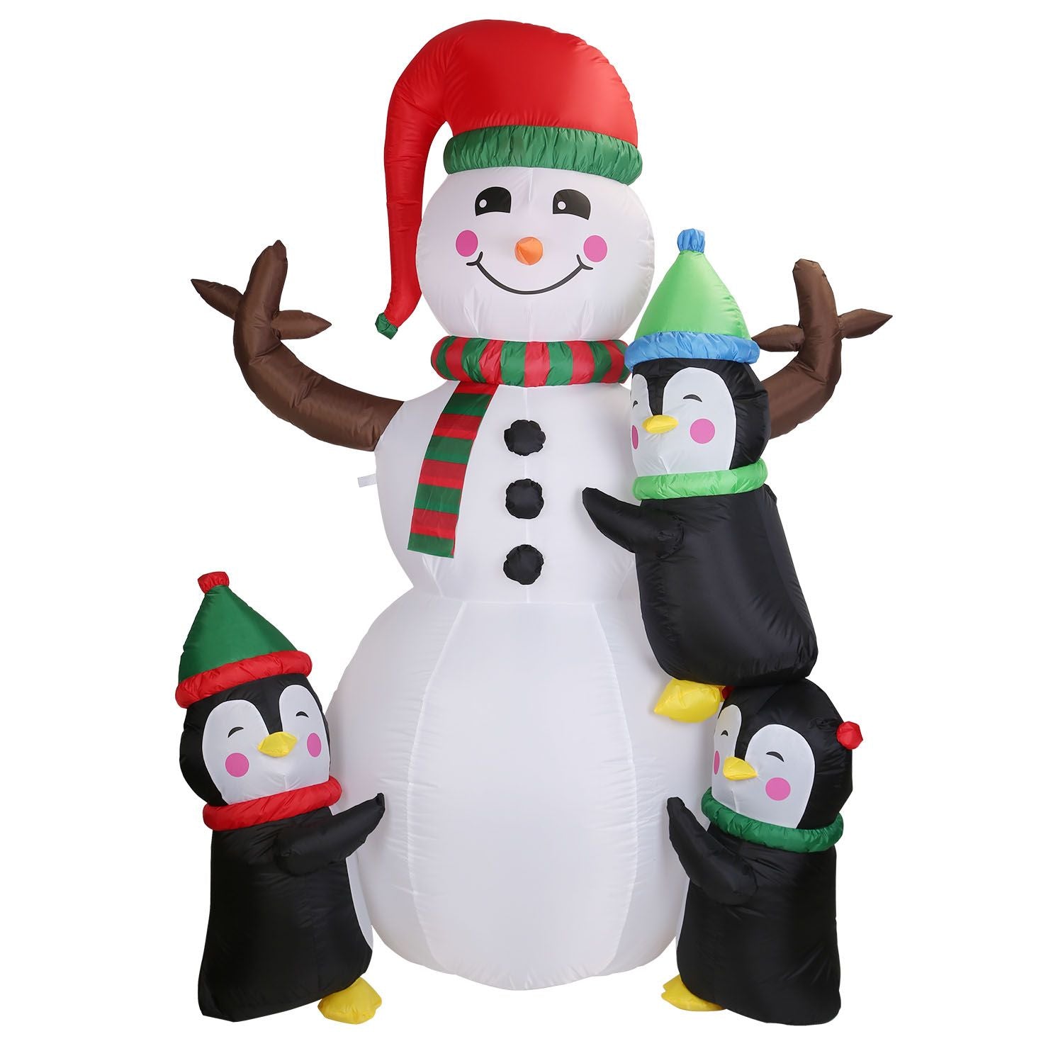 Inflatable Christmas snowman wearing a red hat and green scarf, surrounded by three playful penguins in festive hats, perfect for holiday yard decorations.