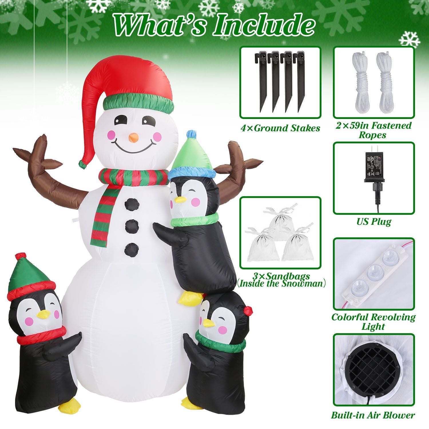 Inflatable Christmas snowman with red and green accessories, surrounded by three playful penguins, featuring colorful revolving lights, built-in air blower, and included ground stakes and ropes for outdoor decoration.