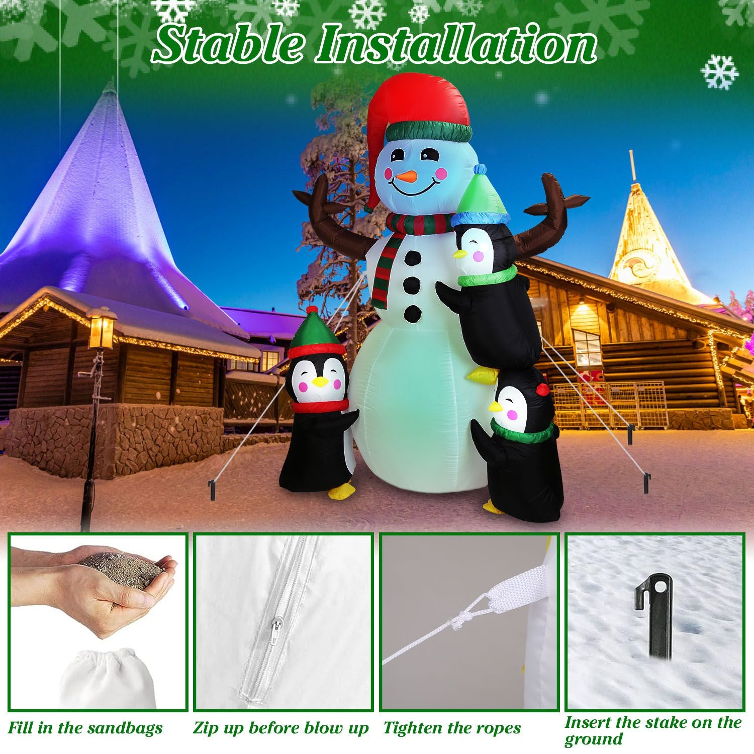 Inflatable snowman with penguins in a snowy holiday scene, featuring installation instructions for stability, including sandbags and stakes, perfect for festive outdoor decorations.