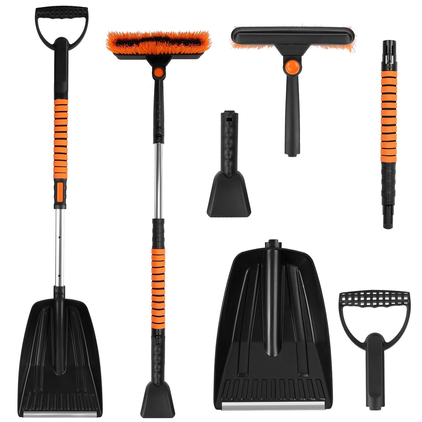 Various snow removal tools including a shovel, snow brush, and scraper with bright orange and black accents, designed for effective winter cleaning.