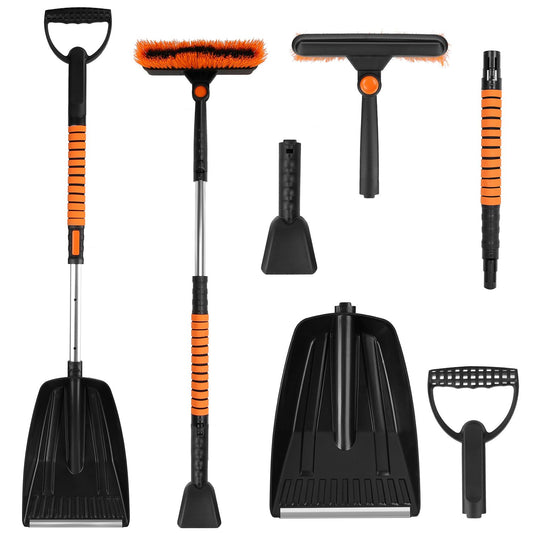 Various snow removal tools including a shovel, snow brush, and scraper with bright orange and black accents, designed for effective winter cleaning.